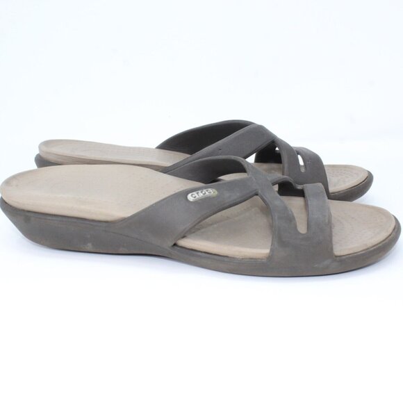 Crocs Women's 9M Dark Brown Beige Slip On Criss Cross Strap Wedge Rhonda Sandals - Picture 7 of 8